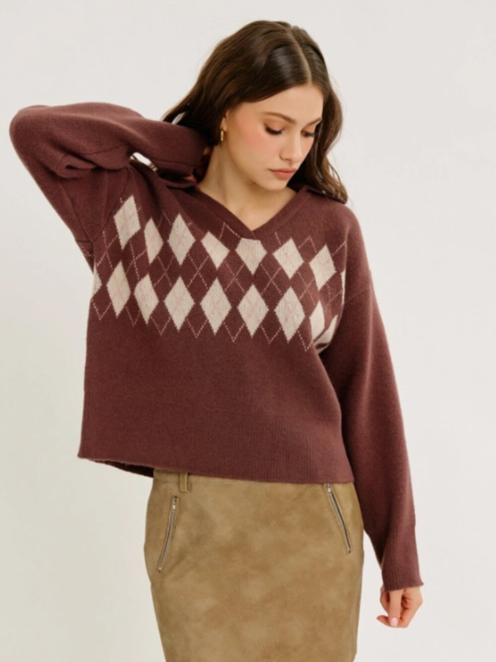 Argyle V-Neck Cropped Sweater Brown Mauve NWT #D126